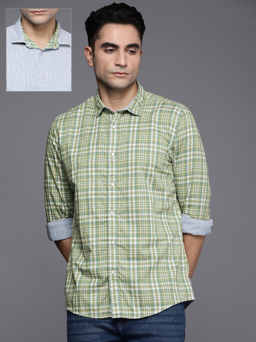 Louis Philippe Jeans Men Green & Blue Slim Fit Checked Reversible Pure Cotton Casual Shirt
Louis Philippe Jeans Men Green & Blue Slim Fit Checked Reversible Pure Cotton Casual Shirt