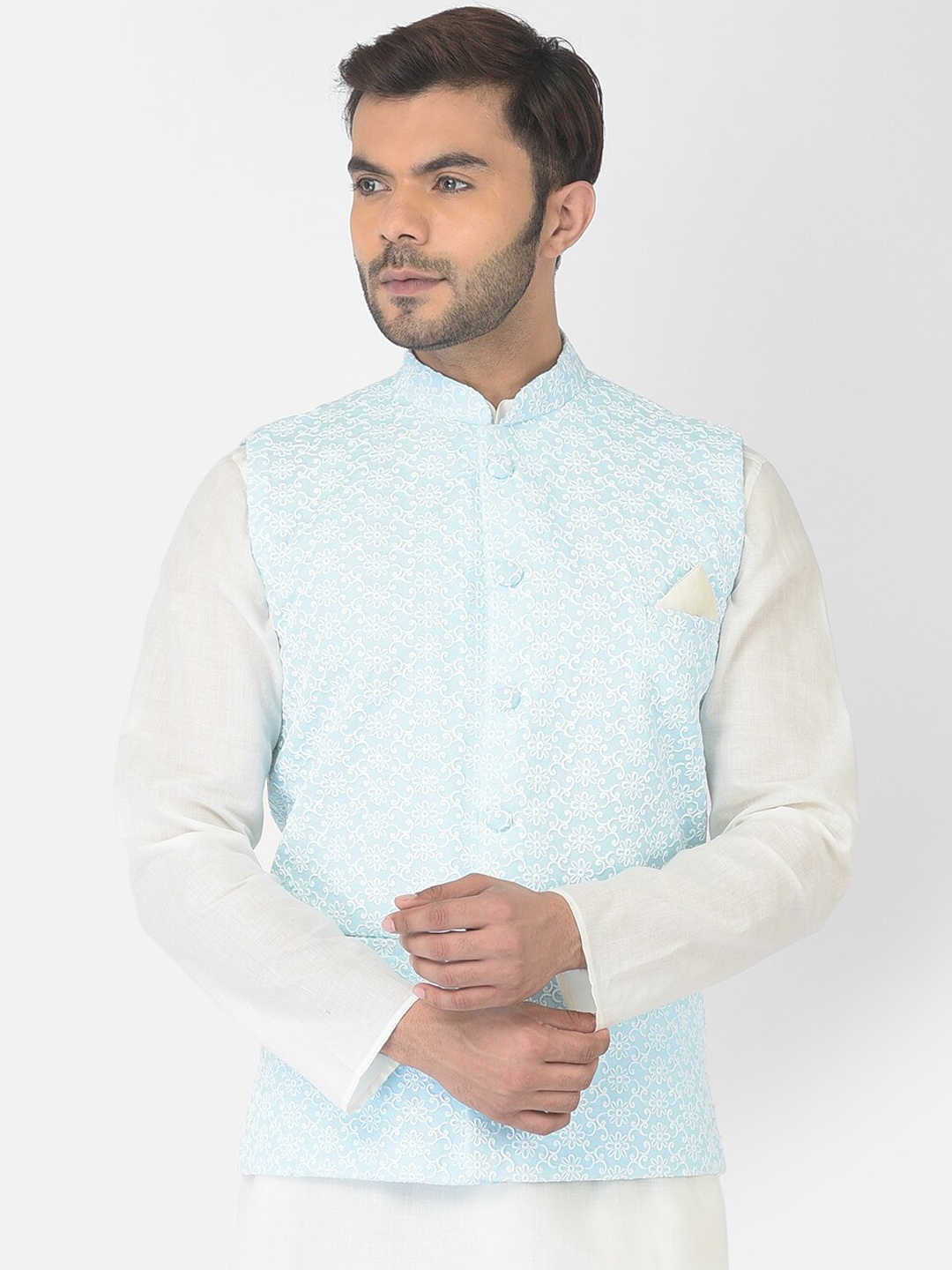 DEYANN Men Blue & White Embroidered Woven Nehru Jackets