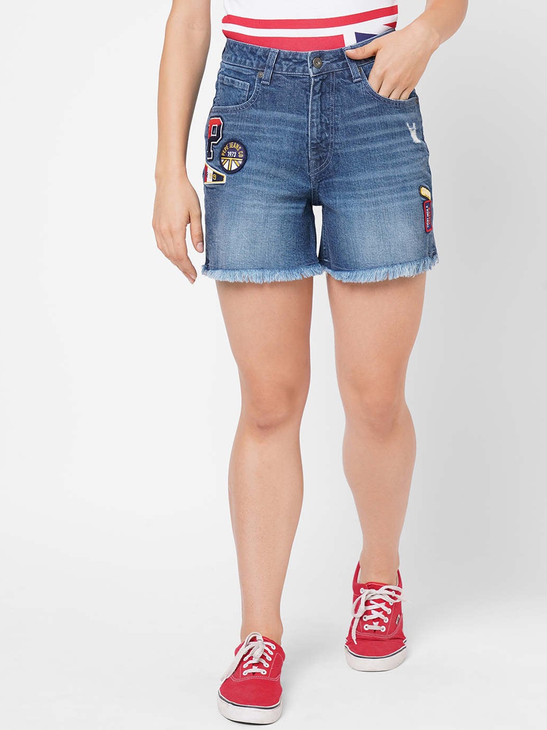 Pepe Jeans Women Blue Washed High-Rise Denim Shorts