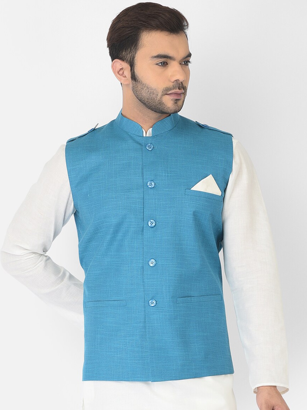 DEYANN Men Blue Solid Woven Cotton Nehru Jackets