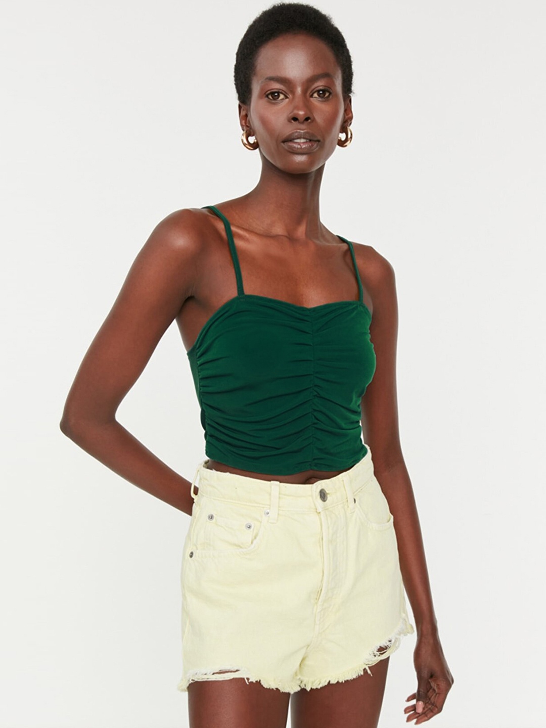 Trendyol Green Solid Ruched Crop Knitted Top