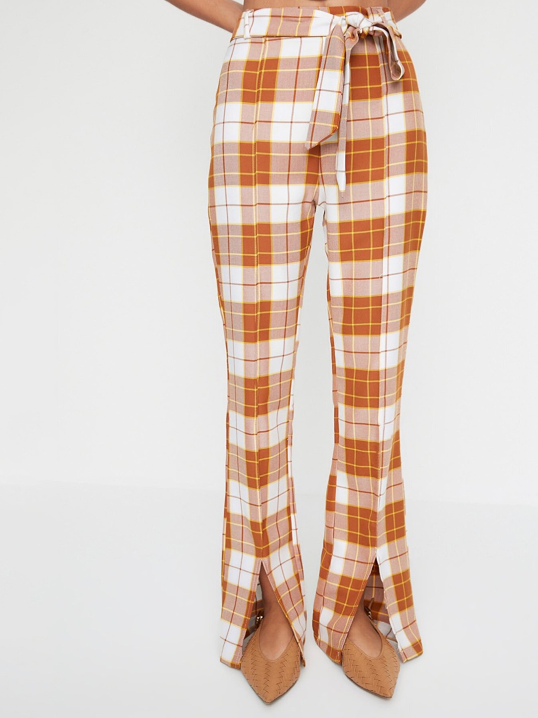 Trendyol Women Camel Brown & White Checked Flared High-Rise Front Slit Parallel Trousers
Trendyol Women Camel Brown & White Checked Flared High-Rise Front Slit Parallel Trousers