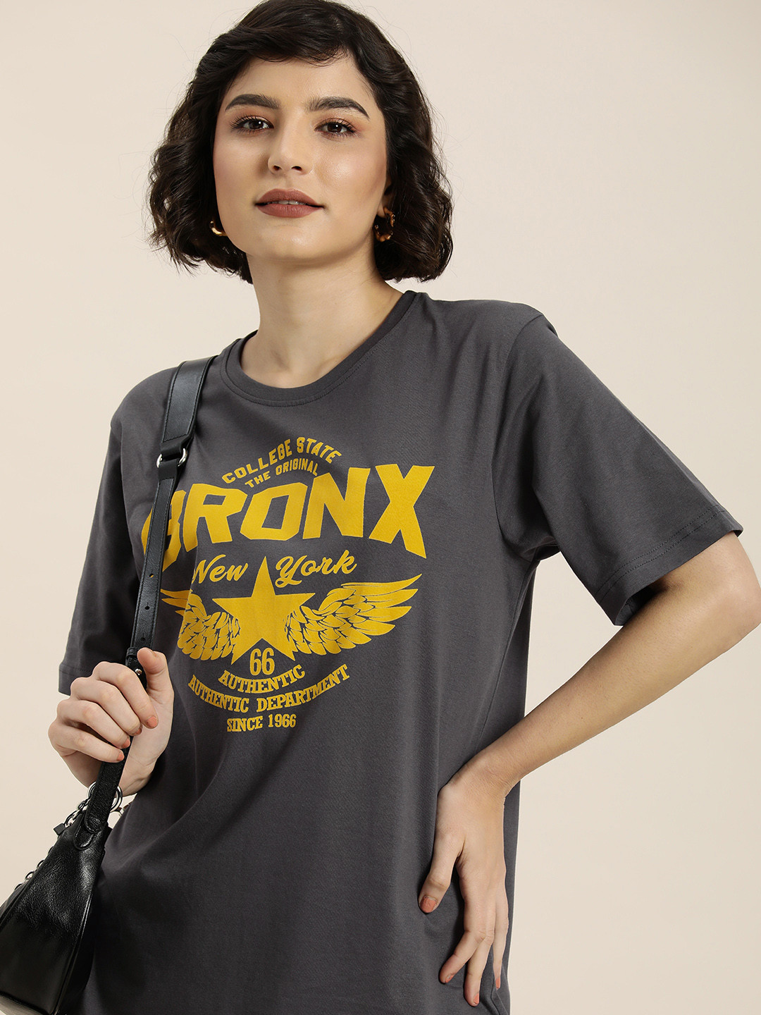 DILLINGER Women Charcoal & Mustard Yellow Typography Pure Cotton Loose Oversized T-shirt
DILLINGER Women Charcoal & Mustard Yellow Typography Pure Cotton Loose Oversized T-shirt