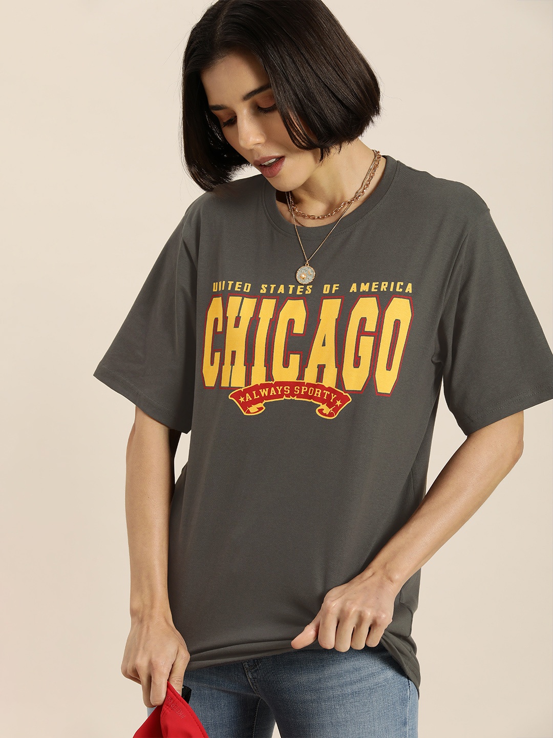 DILLINGER Women Charcoal Grey & Mustard Yellow Typography Cotton Oversized Oversized T-shirt
DILLINGER Women Charcoal Grey & Mustard Yellow Typography Cotton Oversized Oversized T-shirt