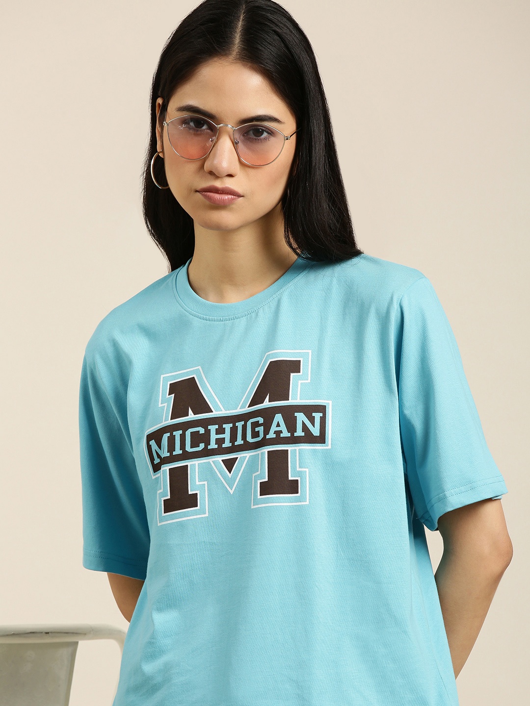 DILLINGER Women Blue & Black Pure Cotton Typography Printed Oversized T-shirt
