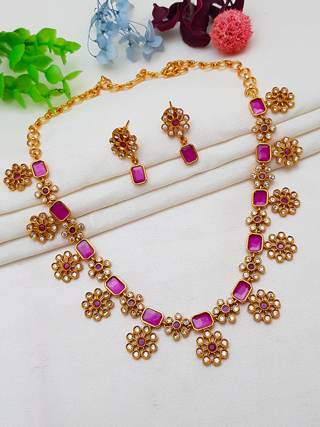 GRIIHAM Gold-Plated & Pink AD Studded Jewellery Set