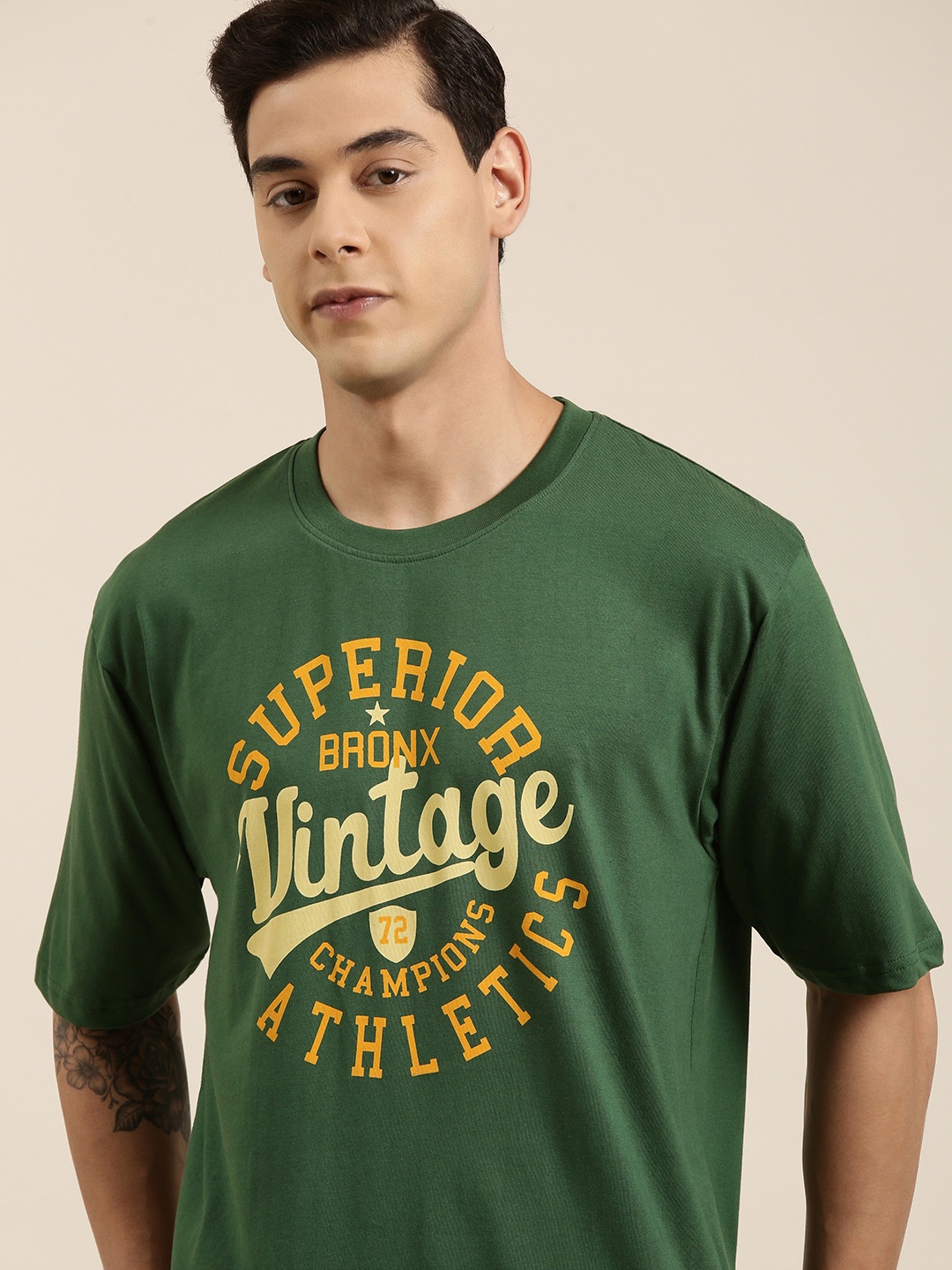DILLINGER Men Green Typography Printed Pure Cotton Oversized T-shirt