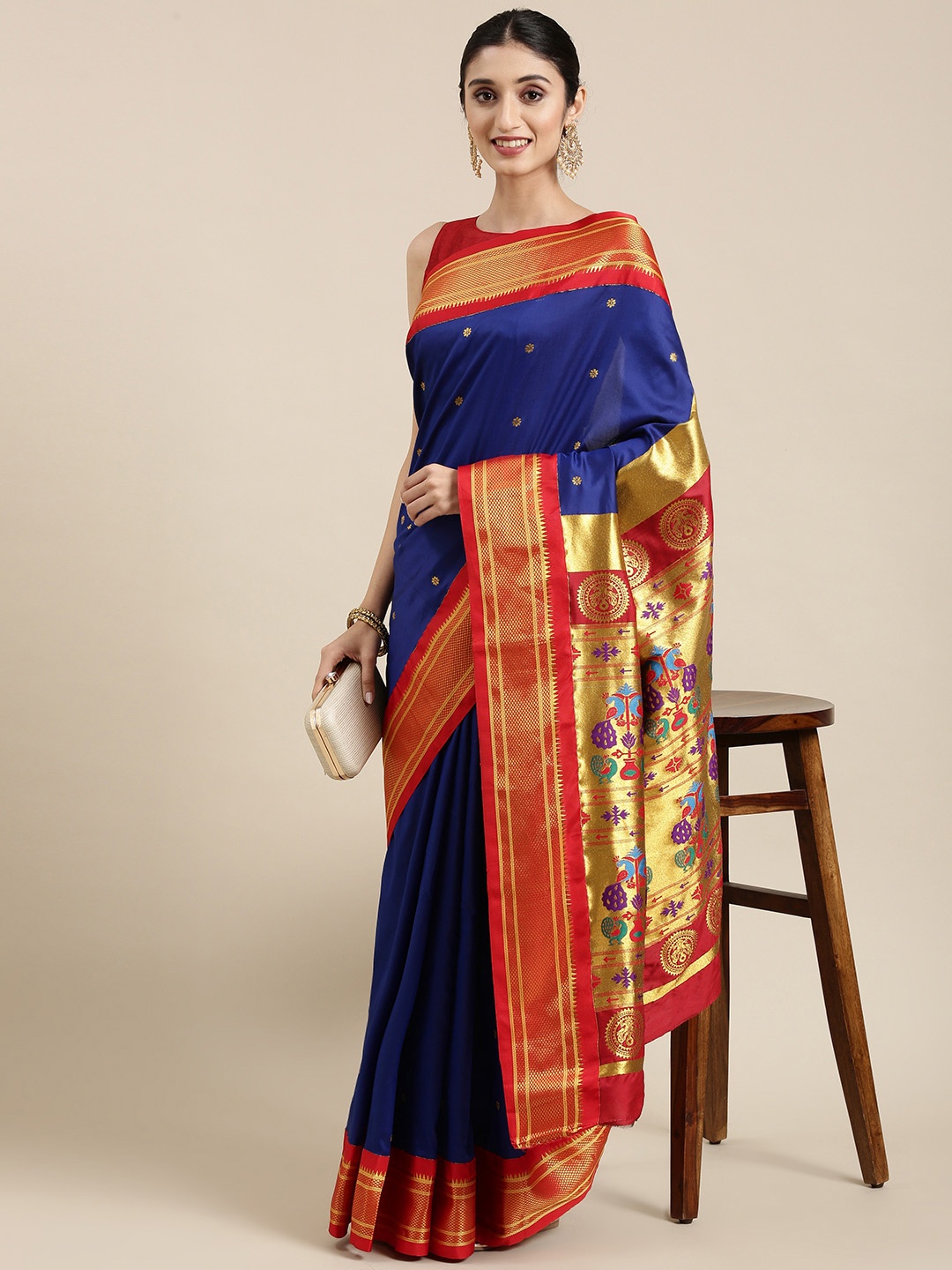 Varkala Silk Sarees Navy Blue & Red Ethnic Motifs Zari Art Silk Paithani Saree
Varkala Silk Sarees Navy Blue & Red Ethnic Motifs Zari Art Silk Paithani Saree