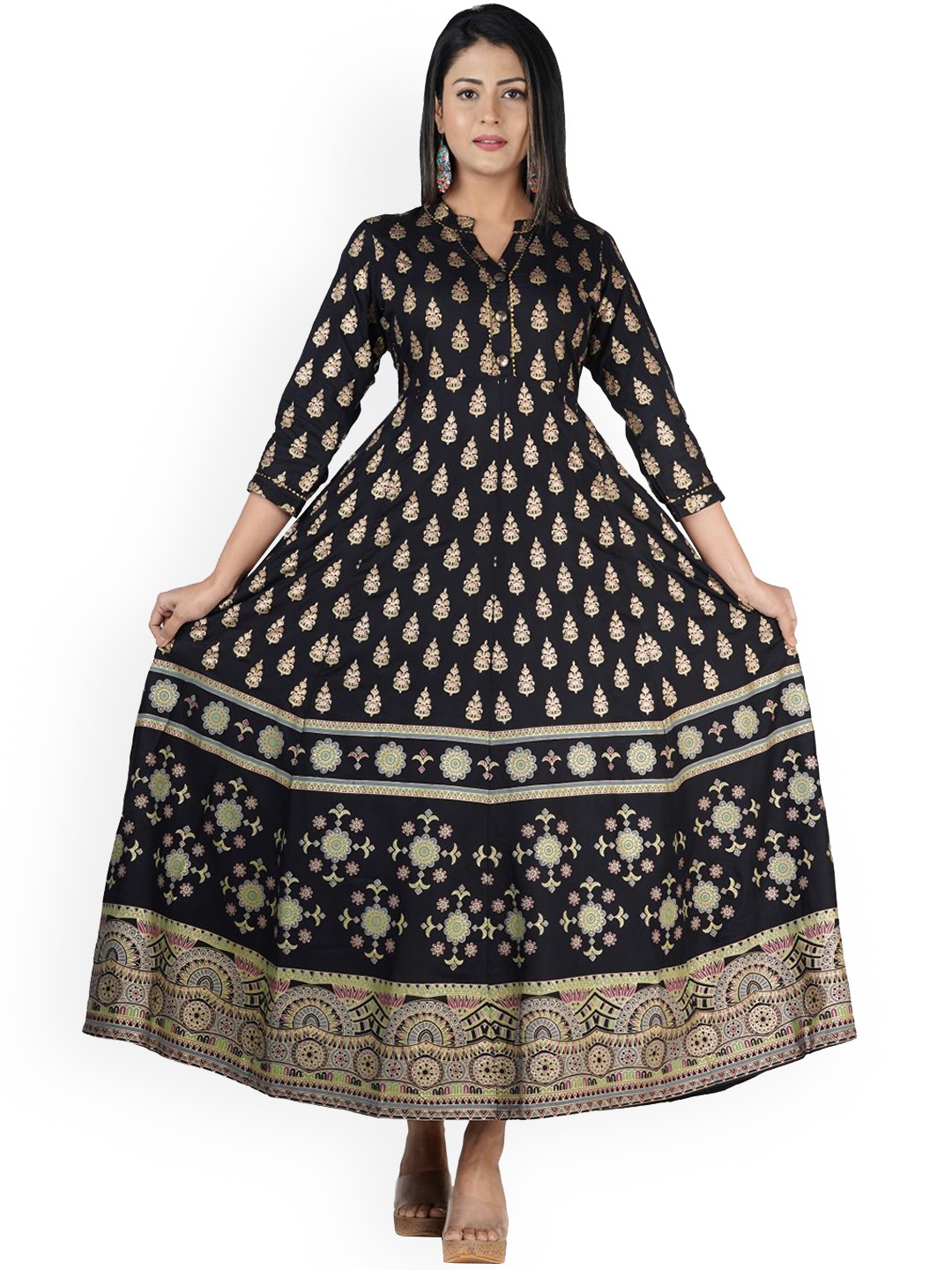 JAIPURI COLLECTION Women Black Ethnic Motifs Printed Cold-Shoulder Sleeves Anarkali Kurta
JAIPURI COLLECTION Women Black Ethnic Motifs Printed Cold-Shoulder Sleeves Anarkali Kurta