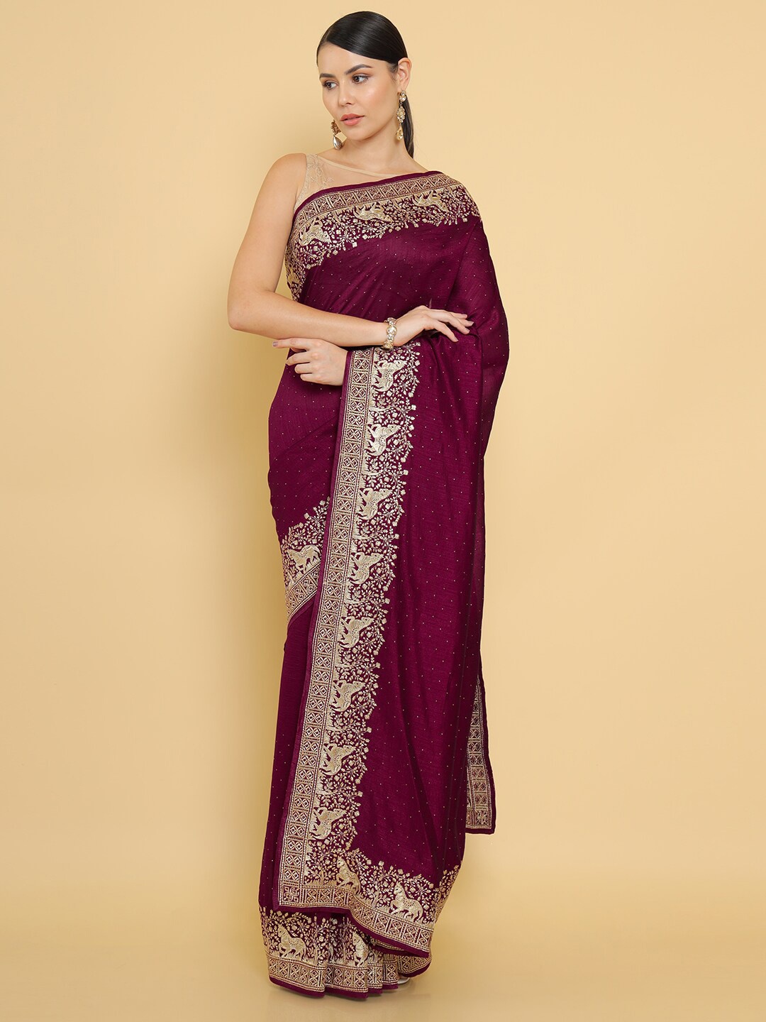 Soch Purple & Gold-Toned Floral Silk Blend Saree