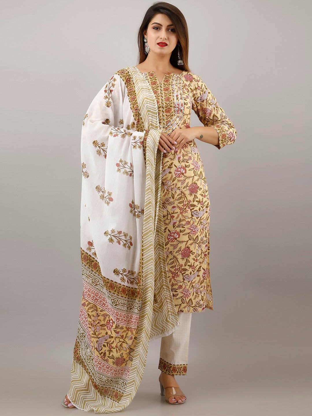 BARKHA FAB Women Beige Floral High Slit Gotta Patti Pure Cotton Kurti with Trousers & With Dupatta
BARKHA FAB Women Beige Floral High Slit Gotta Patti Pure Cotton Kurti with Trousers & With Dupatta
