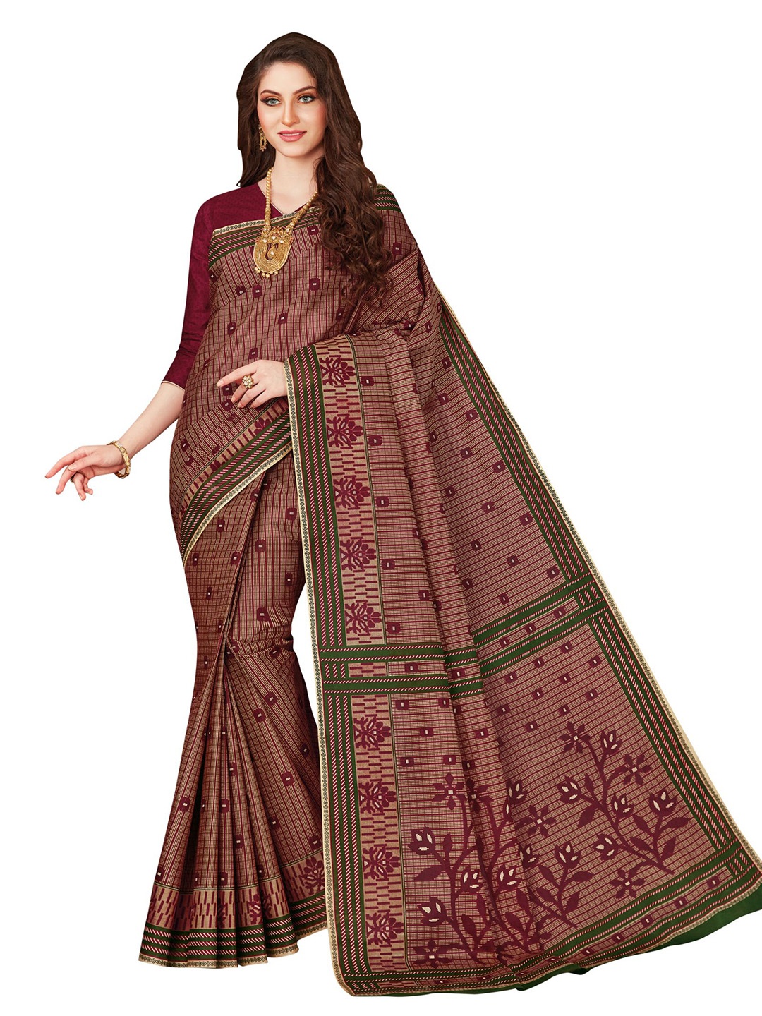 SHANVIKA Maroon & Green Pure Cotton Block Print Saree