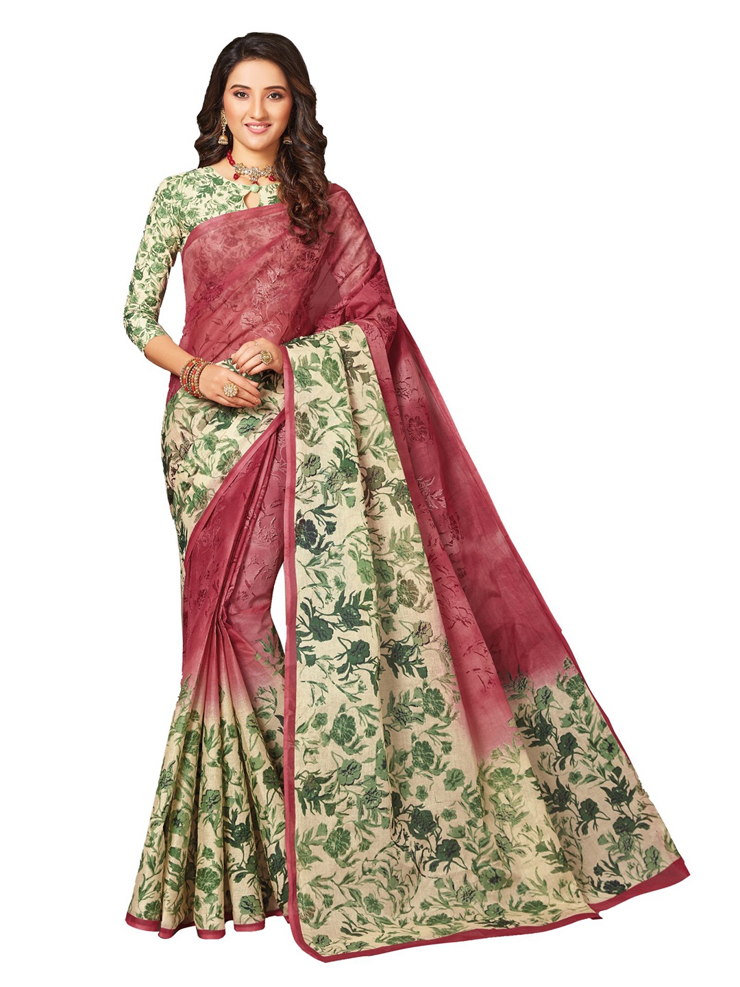 SHANVIKA Pink & Green Floral Pure Cotton Block Print Saree