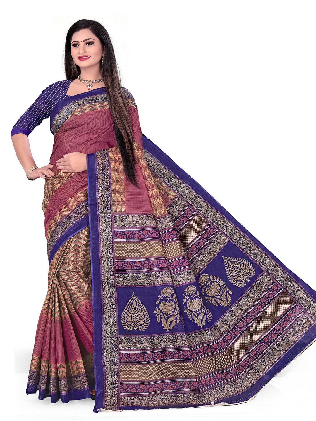SHANVIKA Pink & Blue Pure Cotton Block Print Saree