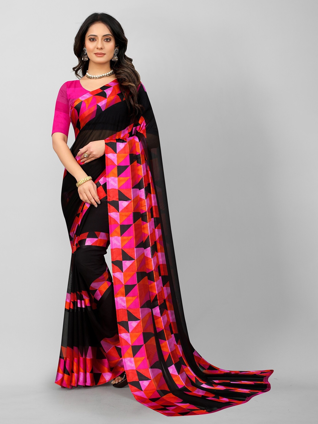 APNISHA Pink & Black Pure Georgette Saree