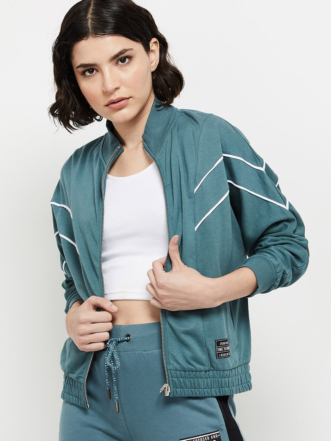 max Women Green Geometric Checked Crop Sporty Jacket with Patchwork