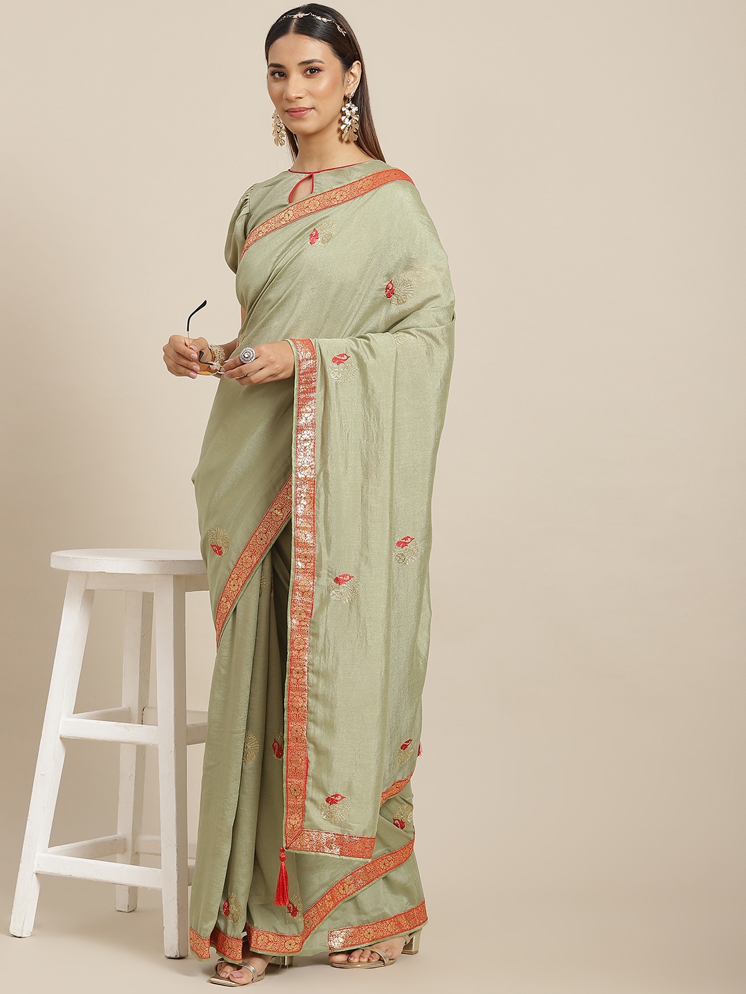 KALINI Sea Green & Orange Floral Pure Georgette Maheshwari Saree