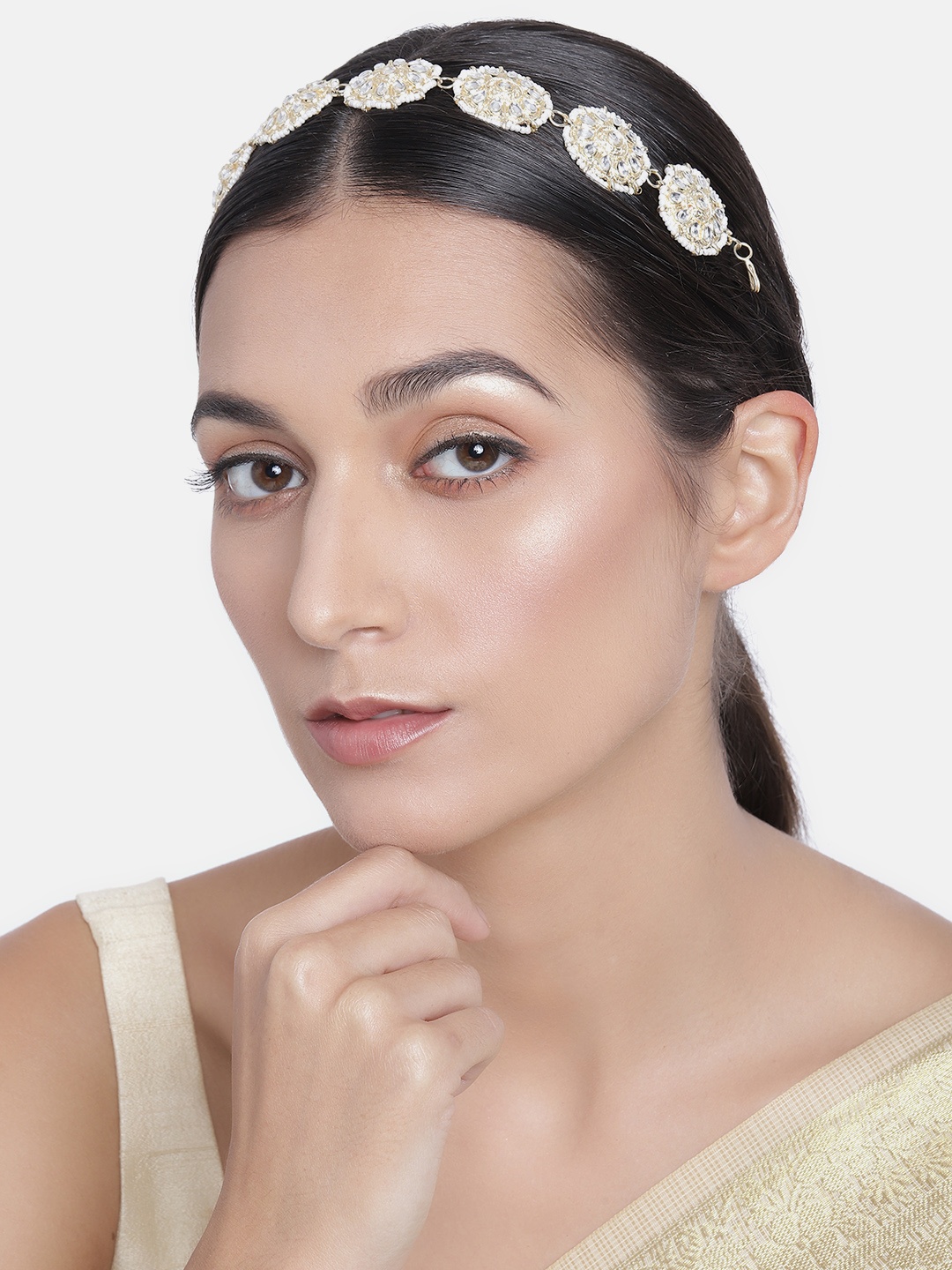 Kord Store Gold-Plated & White Kundan-Studded & Beaded Mathapatti