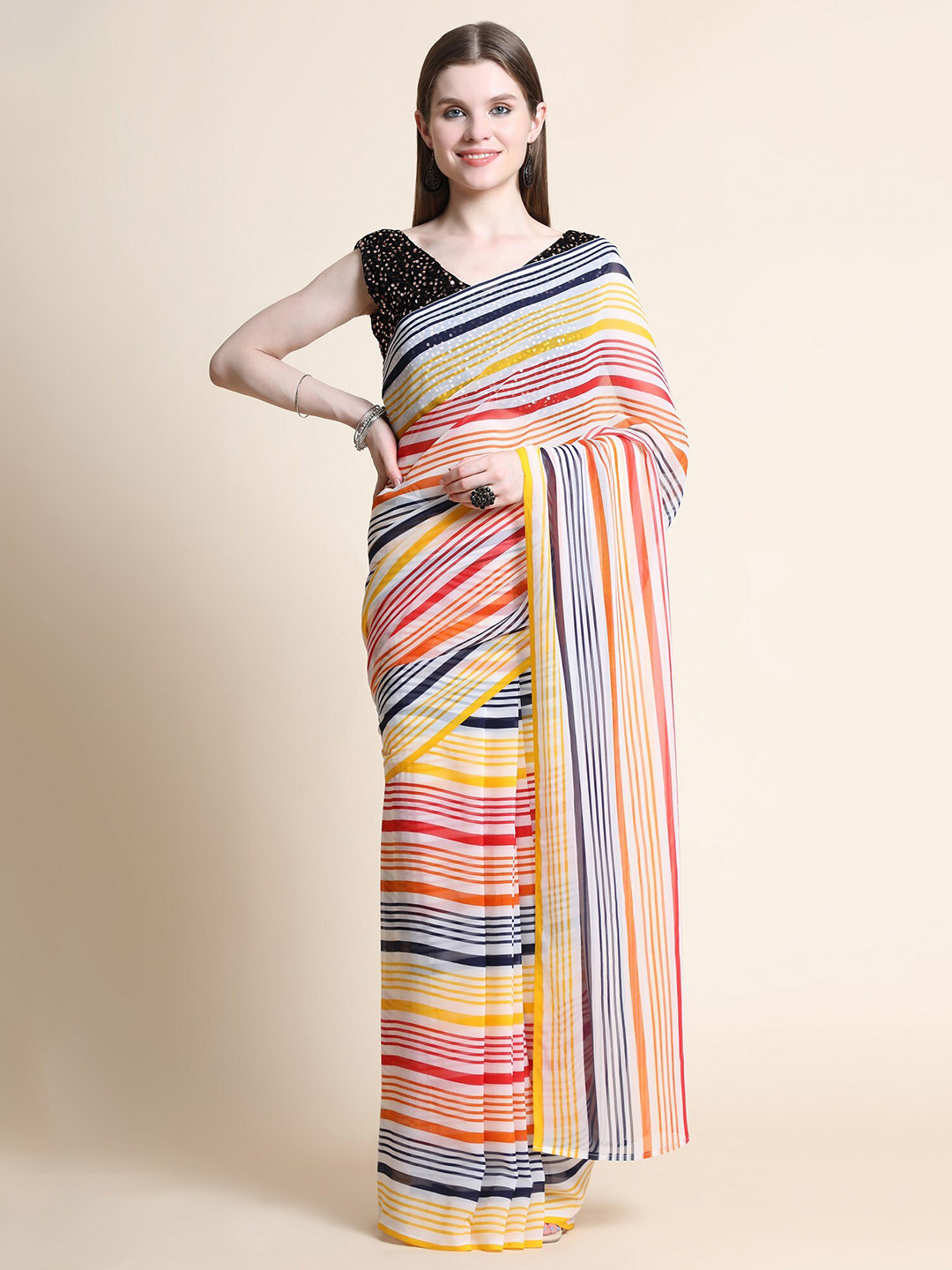 ORUS Yellow & Red Striped Pure Georgette Saree 
ORUS Yellow & Red Striped Pure Georgette Saree