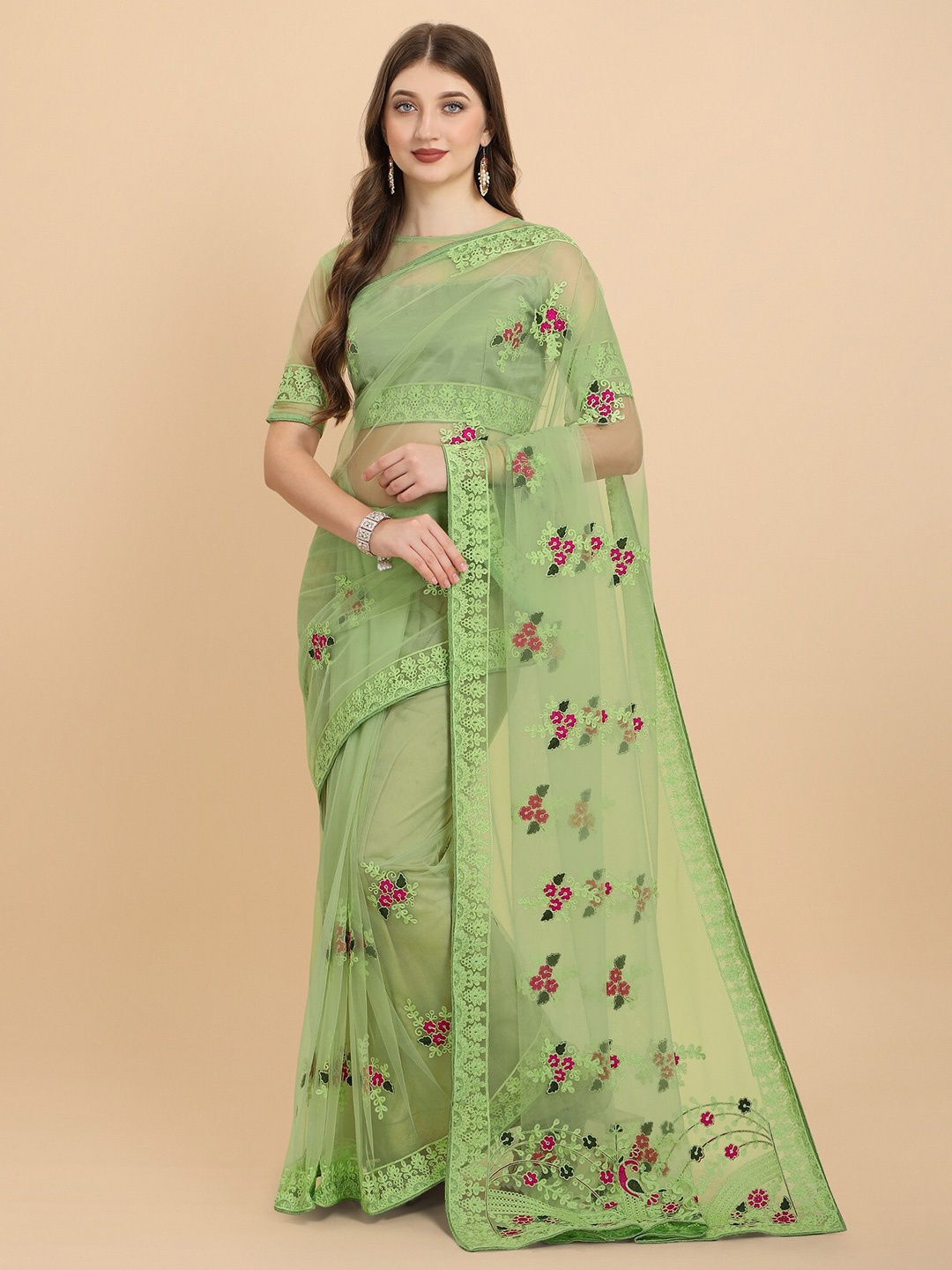 ORUS Green & Pink Floral Embroidered Net Heavy Work Saree
