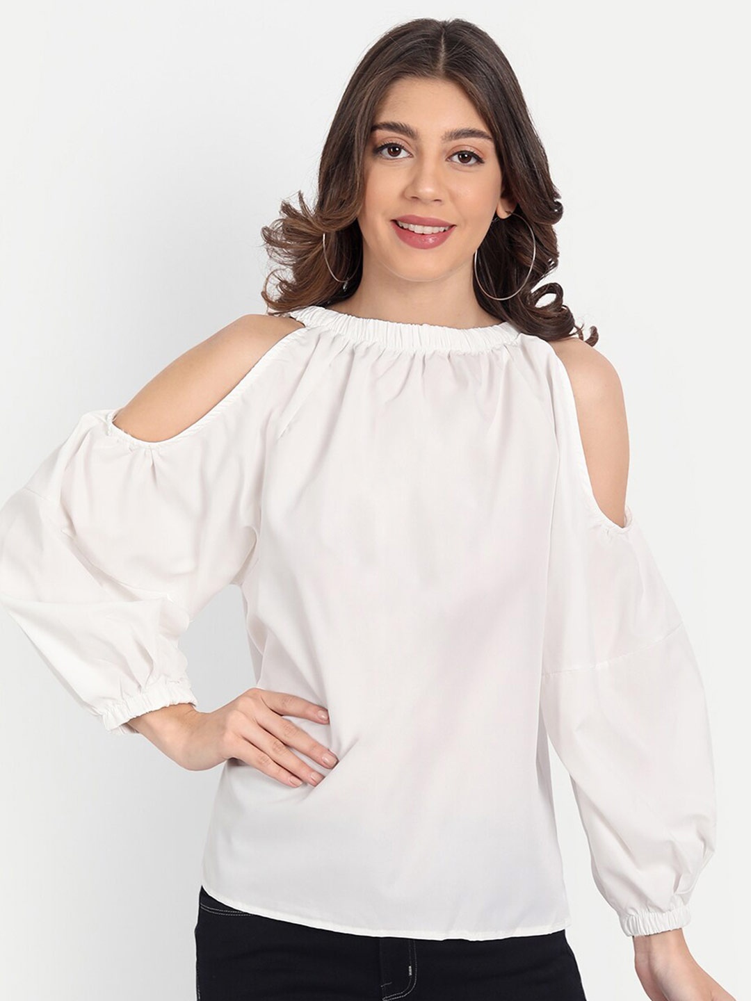 iki chic White Solid Cold Shoulder Sleeve Top