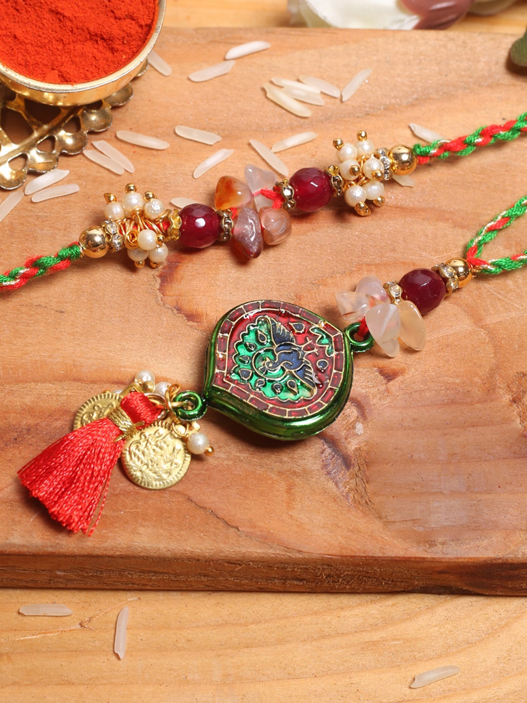 Aapno Rajasthan Pack of 2 Golden Coin Green Textured Bhaiya Bhabhi Rakhi with Roli Chawal, Red
Aapno Rajasthan Pack of 2 Golden Coin Green Textured Bhaiya Bhabhi Rakhi with Roli Chawal, Red