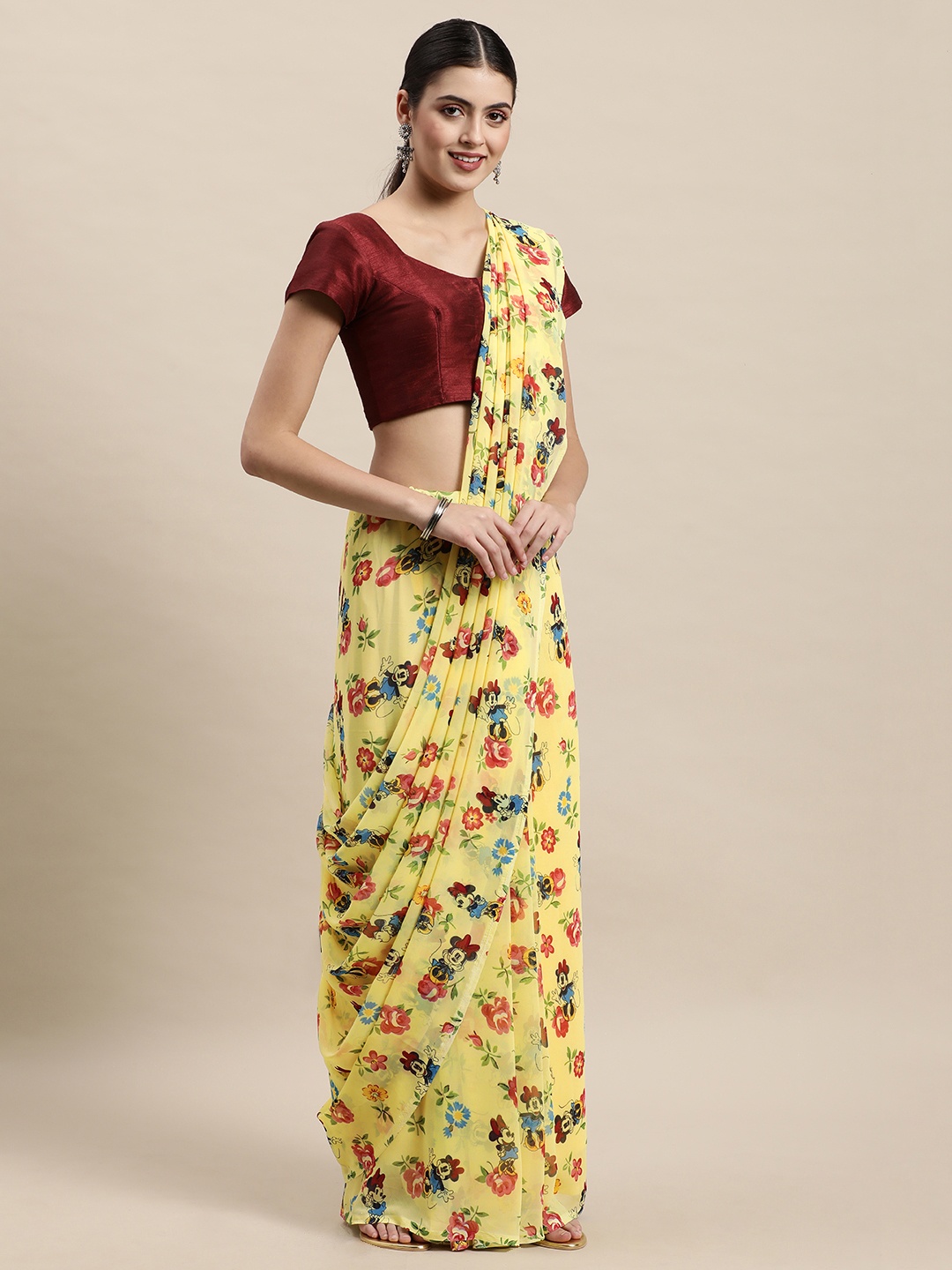 KALINI Yellow Floral Print Pure Georgette Saree