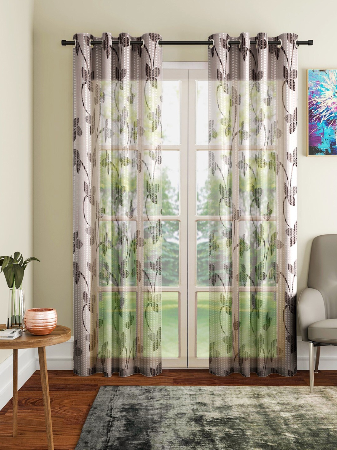 Home Sizzler Brown & Off White Set of 2 Floral Sheer Door Curtain
