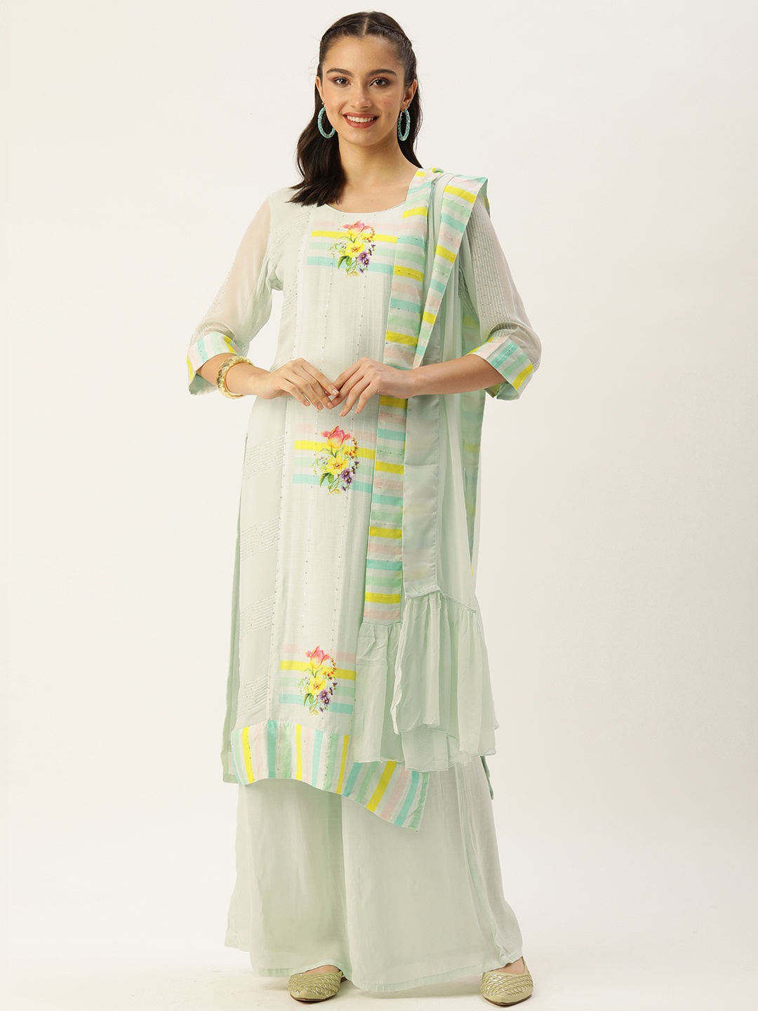 Kay Fashions Women Sea Green Floral Sequinned Chanderi Cotton Kurta with Palazzos & With Dupatta
Kay Fashions Women Sea Green Floral Sequinned Chanderi Cotton Kurta with Palazzos & With Dupatta