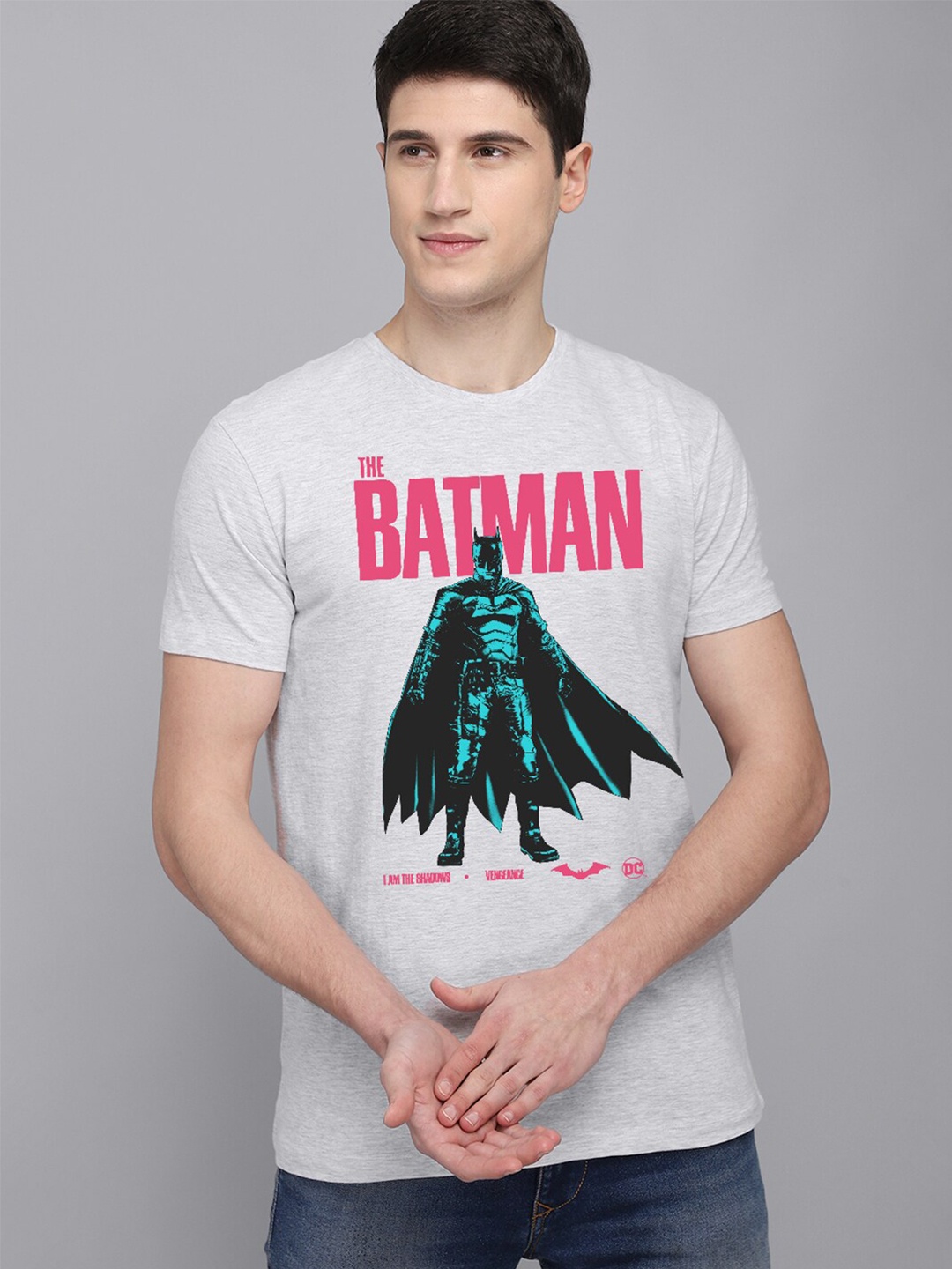 Free Authority Men Grey & Pink Printed Pure Cotton Tshirts