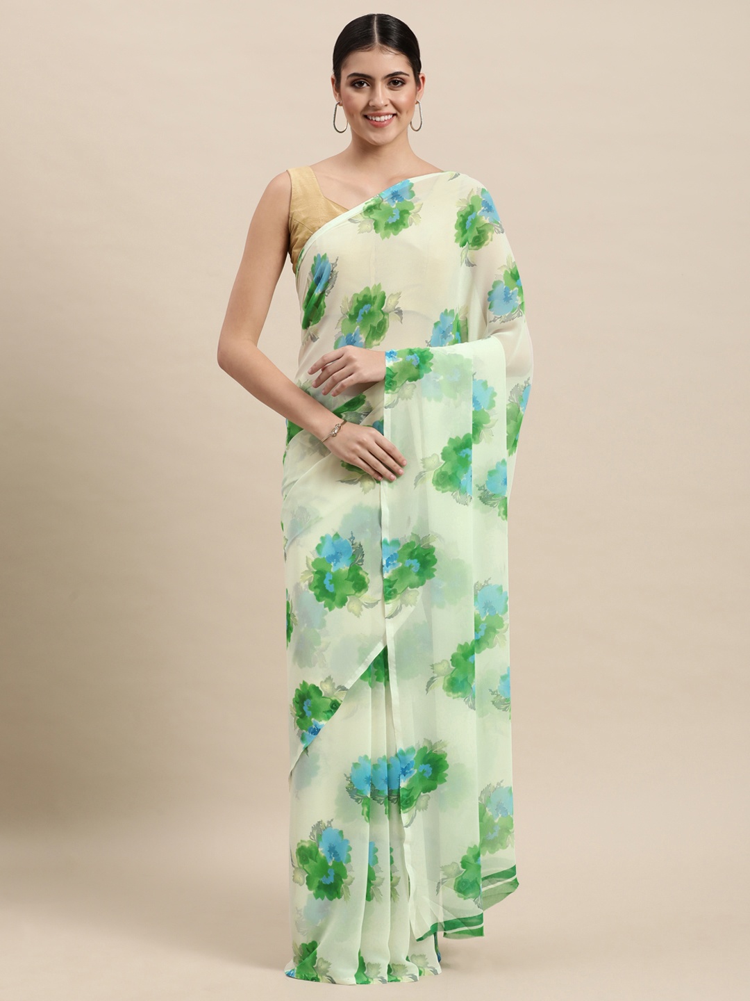 KALINI Off White & Green Floral Print Pure Georgette Saree