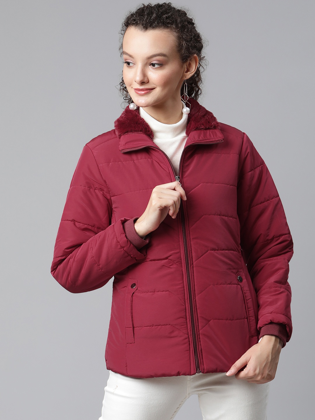Foreign Culture By Fort Collins Women Maroon Solid Faux Fur Collar Padded Jacket