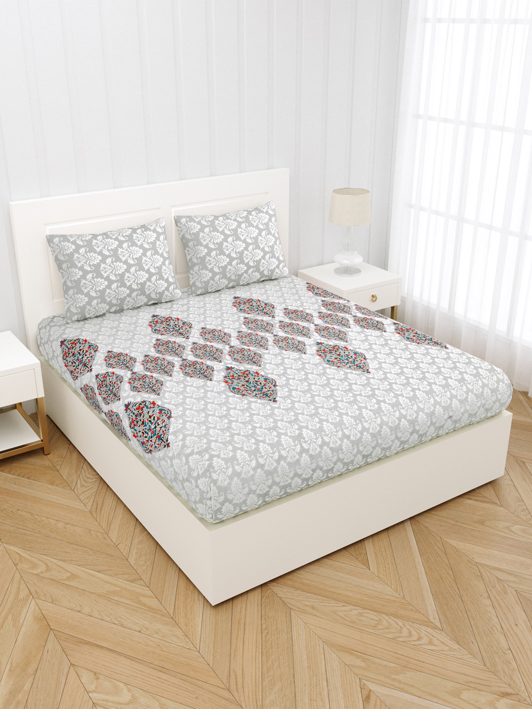 JAIPUR FABRIC Grey & White Ethnic Motifs 240 TC Cotton King Bedsheet with 2 Pillow Covers
JAIPUR FABRIC Grey & White Ethnic Motifs 240 TC Cotton King Bedsheet with 2 Pillow Covers