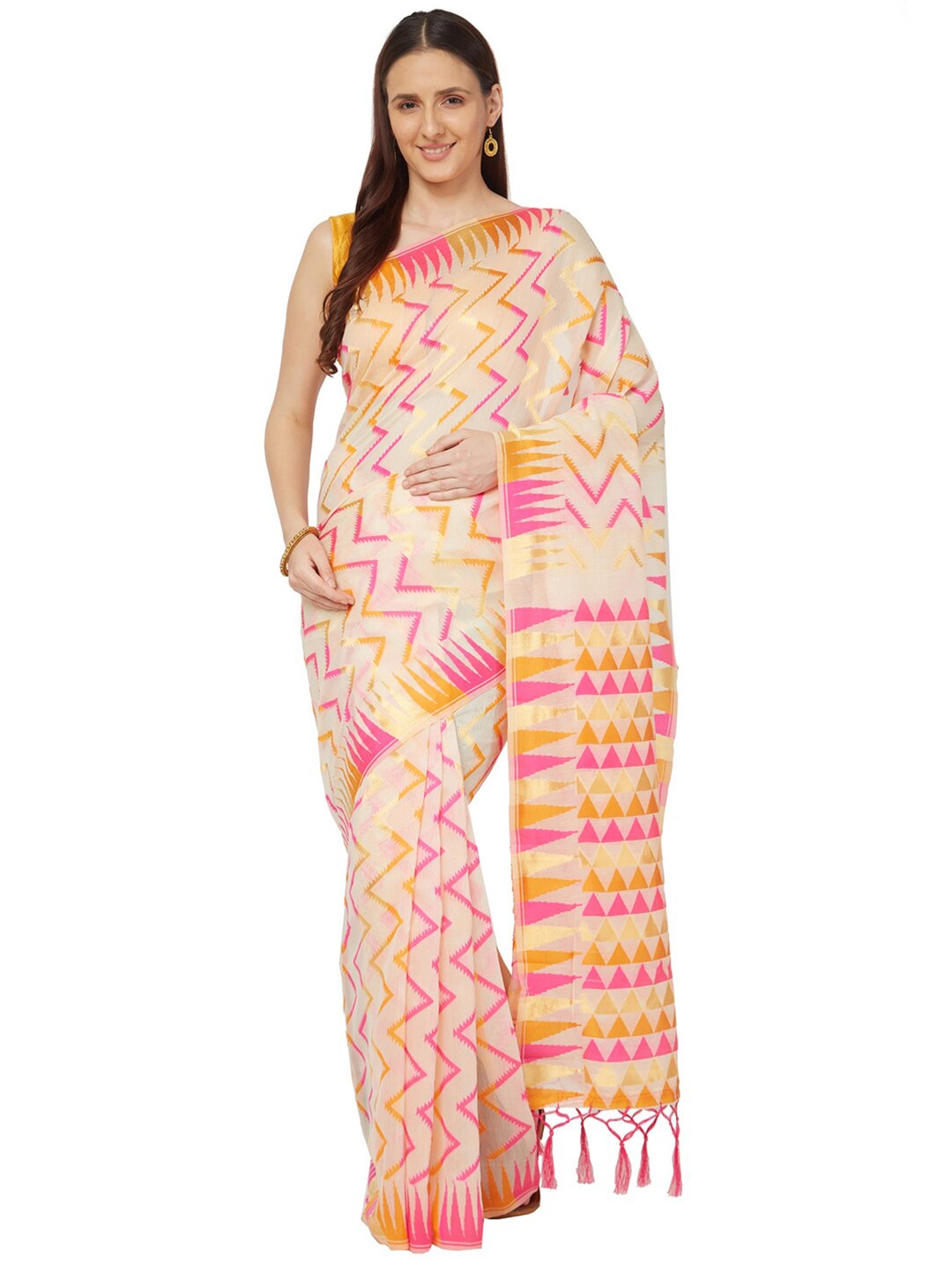 Varkala Silk Sarees Cream-Coloured & Pink Jamdani Saree