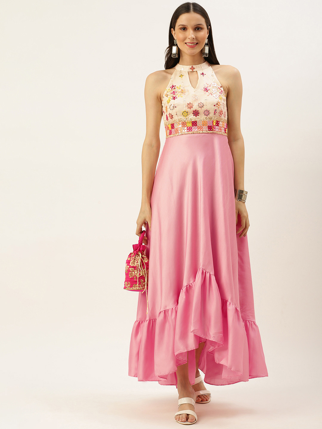 Ethnovog Women Pink Cream-Coloured Embroidered Satin A-Line Maxi Made To Measure Dress
Ethnovog Women Pink Cream-Coloured Embroidered Satin A-Line Maxi Made To Measure Dress
