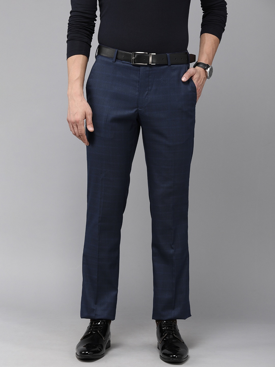 Park Avenue Men Navy Blue Checked Smart Fit Low-Rise Formal Trousers
