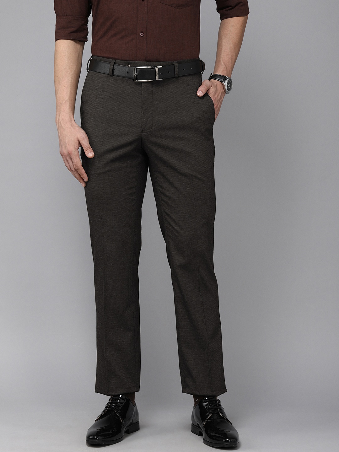 Park Avenue Men Black Self Designed Mid Rise Formal Trousers