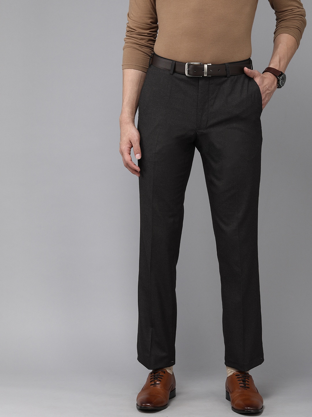 Park Avenue Men Dark Grey Solid Mid Rise Formal Trousers