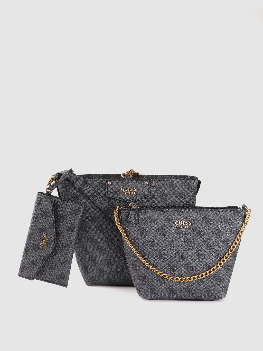 GUESS Women Charcoal Grey Brand Logo Structured Sling Bag with 2 Pouches