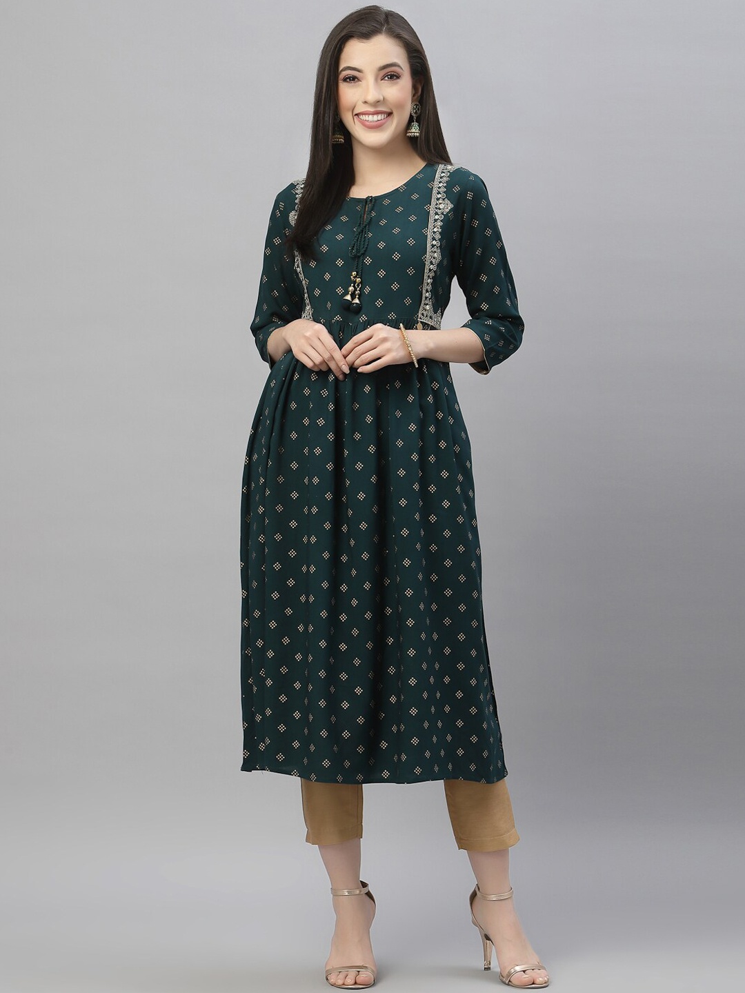 Juniper Women Green & dark gunmetal Ethnic Motifs Printed Flared Sleeves Mirror Work Anarkali Kurta
Juniper Women Green & dark gunmetal Ethnic Motifs Printed Flared Sleeves Mirror Work Anarkali Kurta