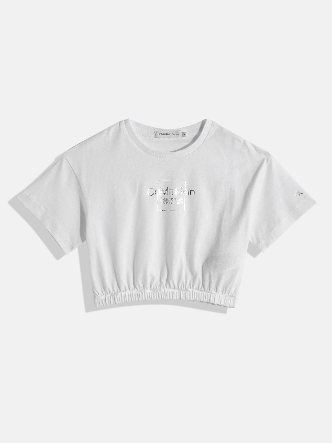 Calvin Klein Jeans Girls White Brand Logo Printed Pure Cotton Crop T-shirt