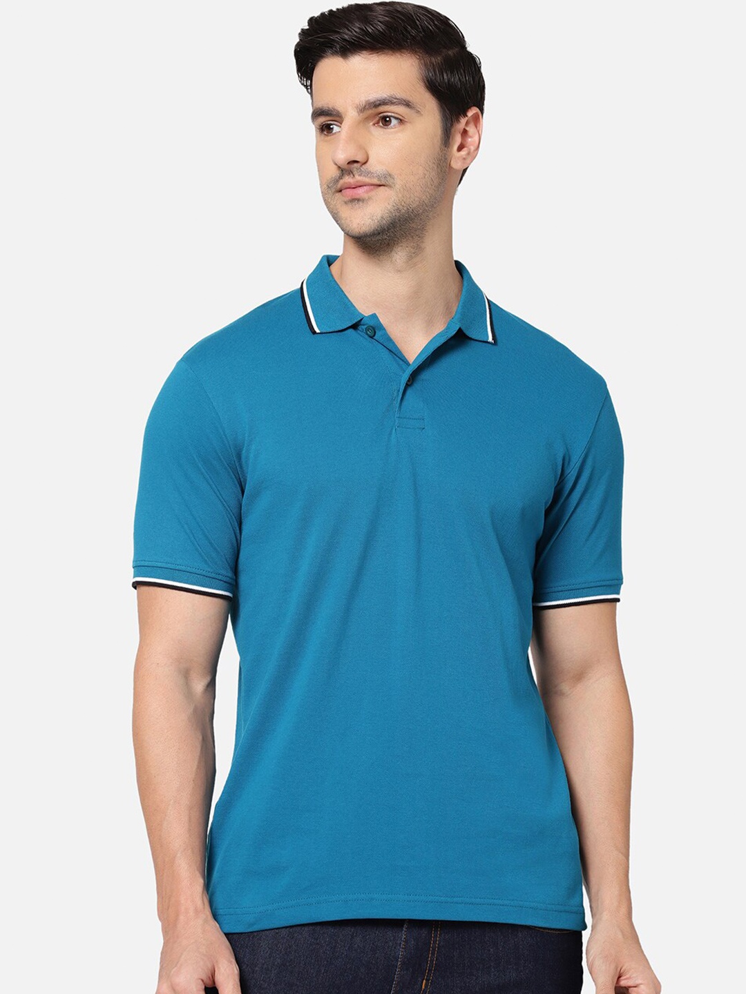 R&B Men Blue Polo Collar T-shirt