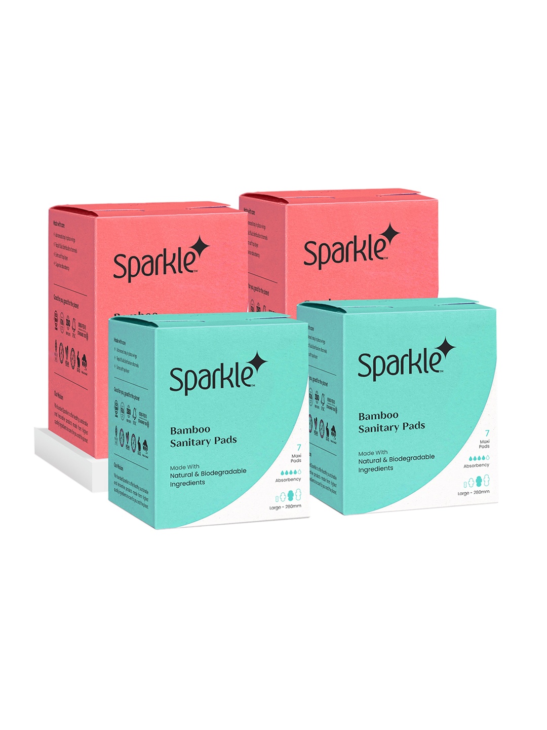 Sparkle Set of 4 Toxic Free Vegan Bamboo Sanitary Pads 7 Pcs Each - 2 Large & 2 Overnight, Pink
Sparkle Set of 4 Toxic Free Vegan Bamboo Sanitary Pads 7 Pcs Each - 2 Large & 2 Overnight, Pink