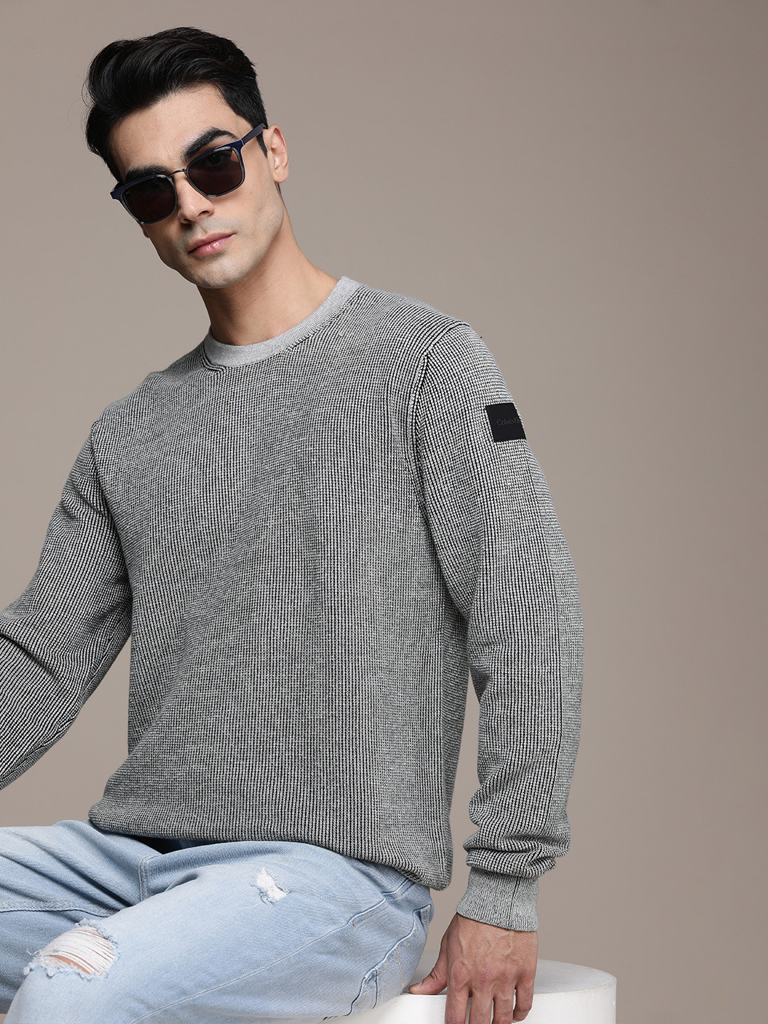 Calvin Klein Jeans Men Black & White Self Design Speckled Pullover Sweater
Calvin Klein Jeans Men Black & White Self Design Speckled Pullover Sweater