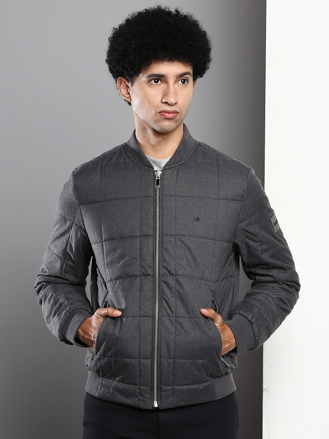 Calvin Klein Jeans Men Grey Solid Quilted Bomber Jacket 
Calvin Klein Jeans Men Grey Solid Quilted Bomber Jacket