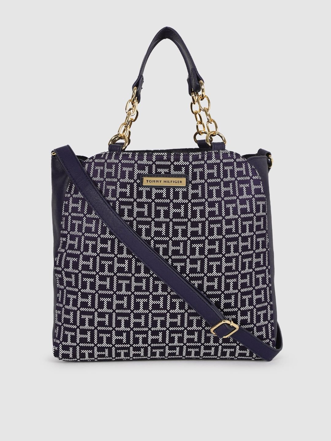 Tommy Hilfiger Navy Blue Brand Logo Print Fabric Regular Shopper Handheld Bag