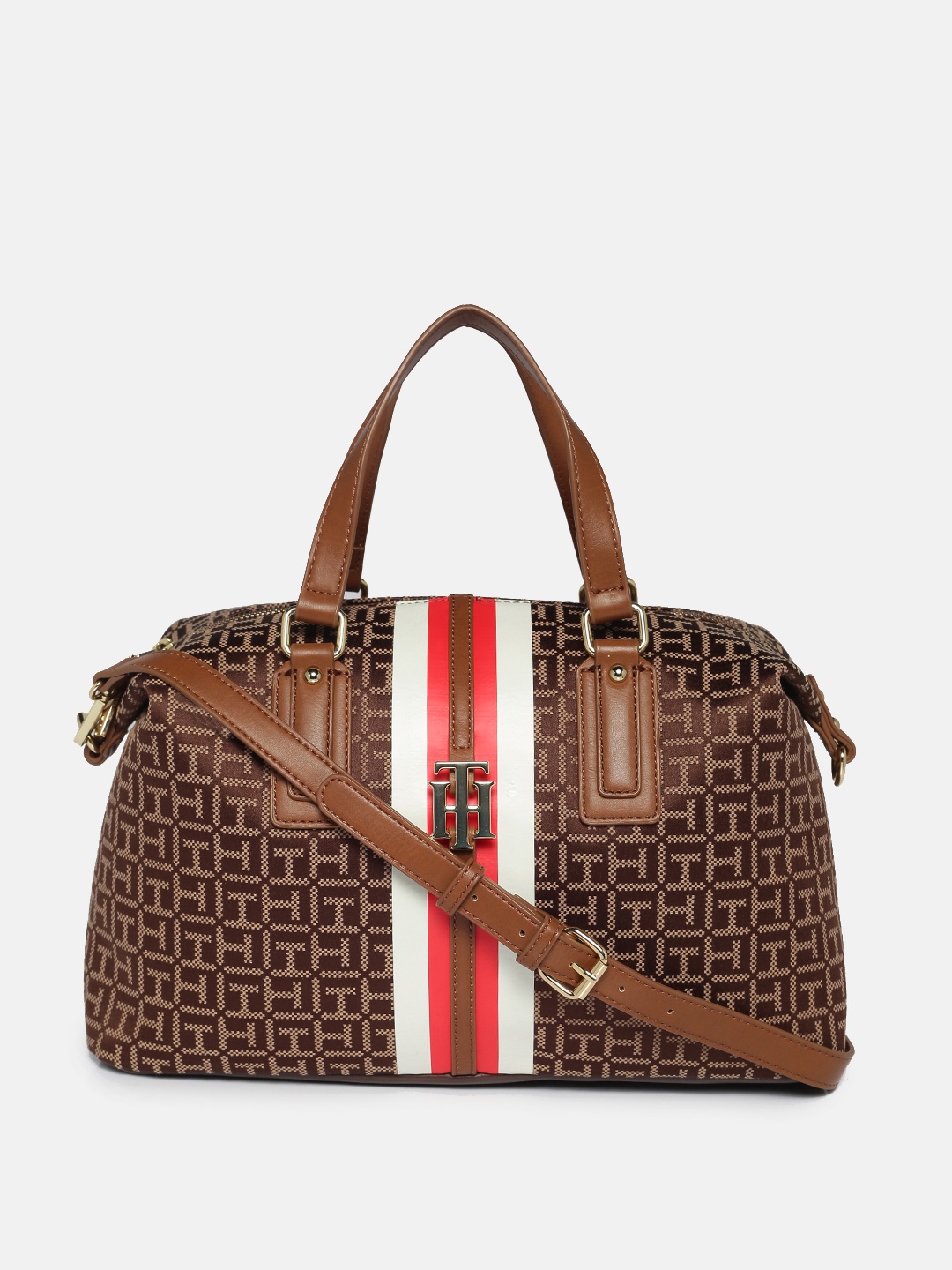 Tommy Hilfiger Brown Brand Logo Self Design Handheld Bag
