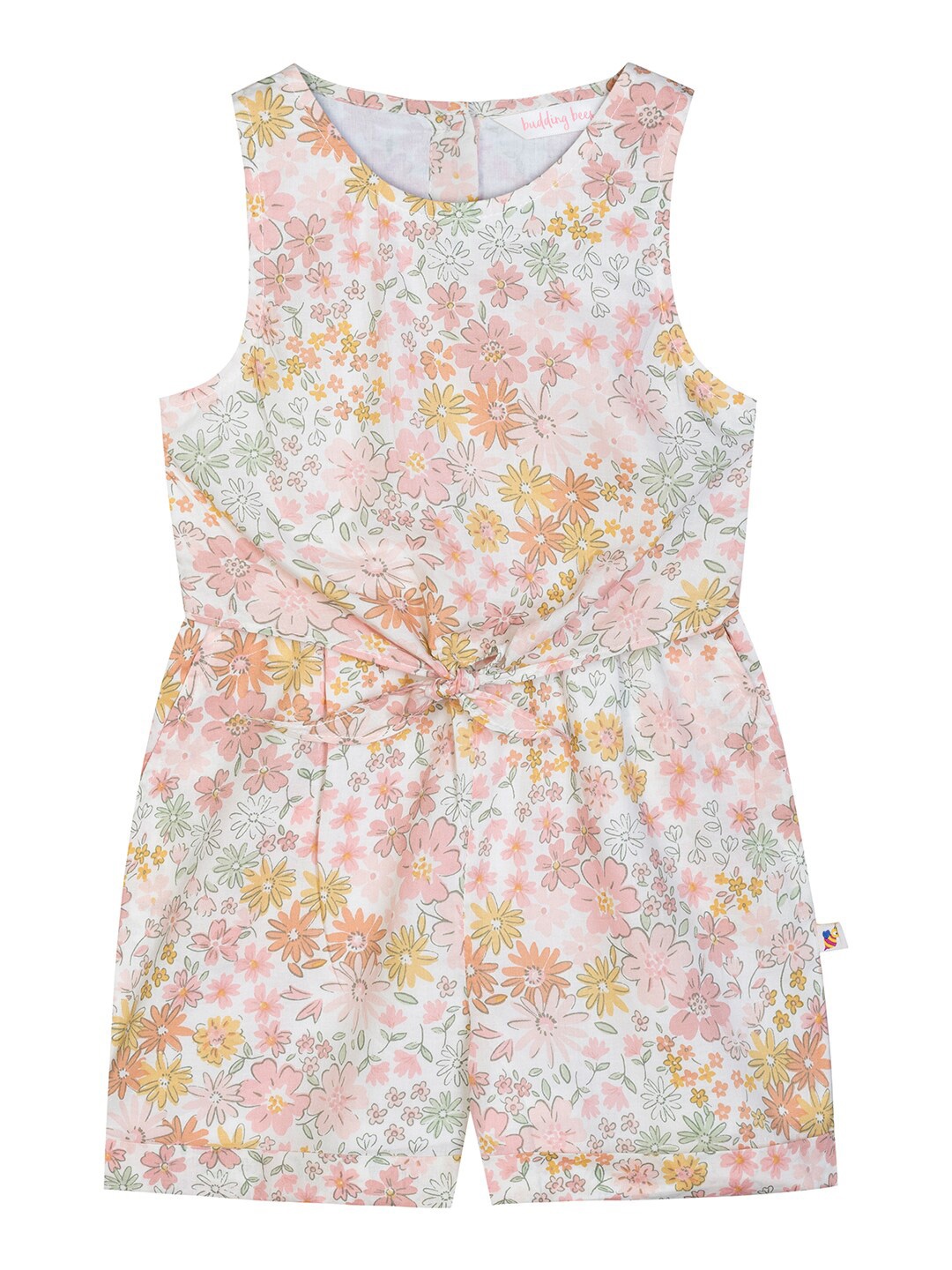 Budding Bees Girls White & Pink Printed Jumpsuit