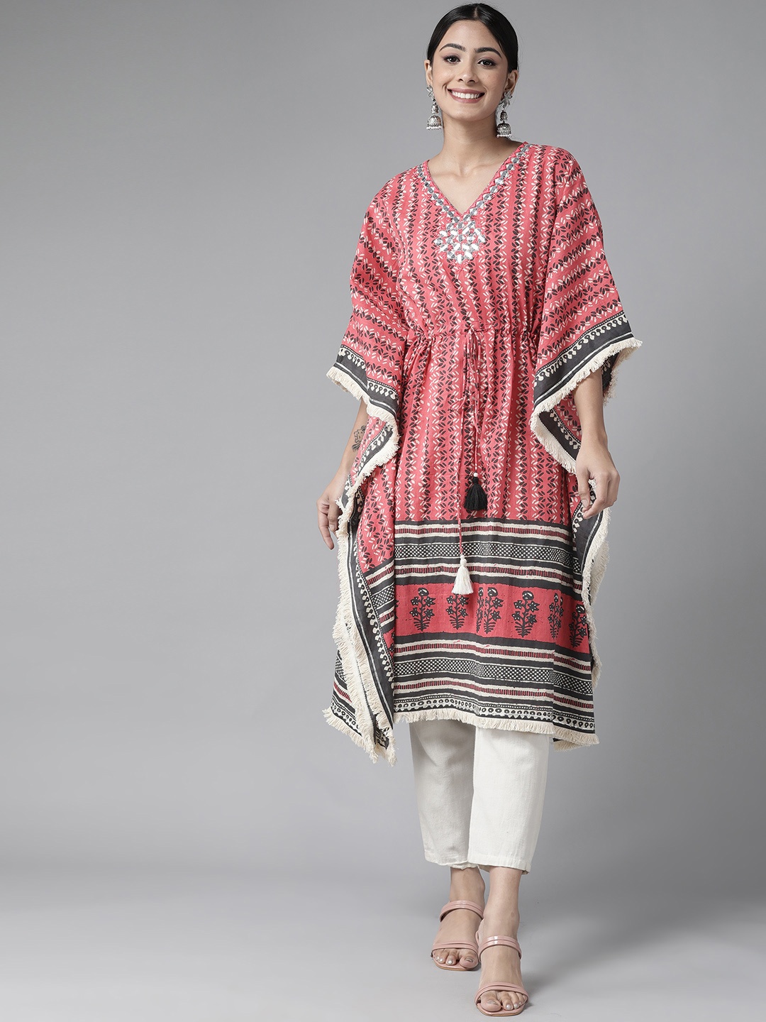 Amirah s Women Red & Black Ethnic Motifs Printed Flared Sleeves Mirror Work Kaftan Kurta
Amirah s Women Red & Black Ethnic Motifs Printed Flared Sleeves Mirror Work Kaftan Kurta