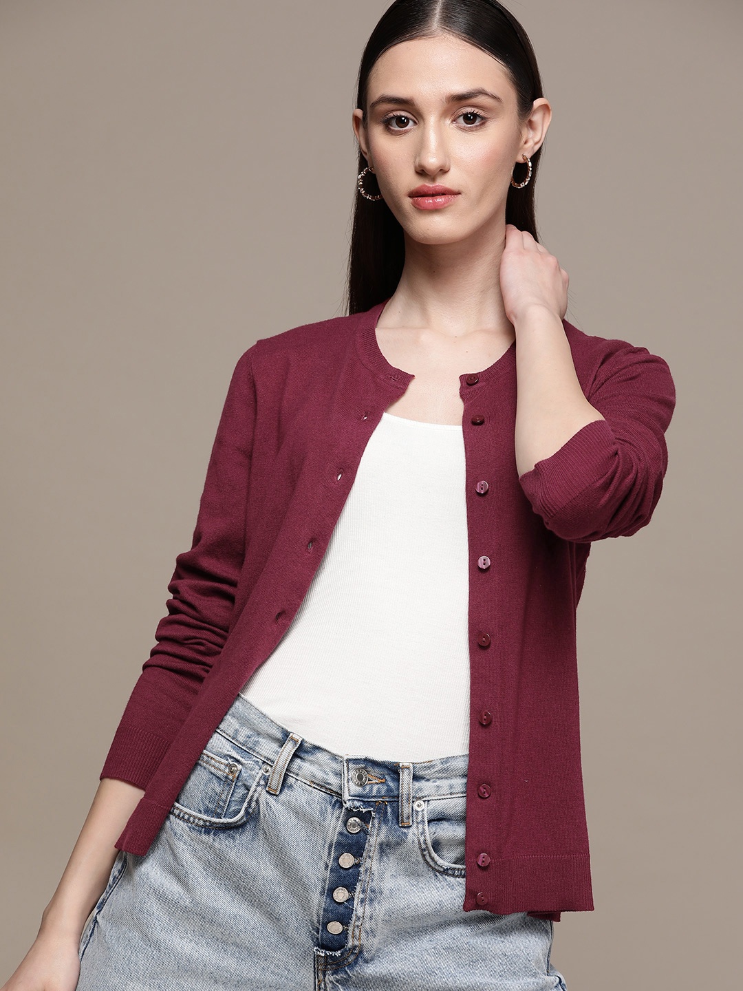 Macy's Karen Scott Women Burgundy Solid Cardigan
